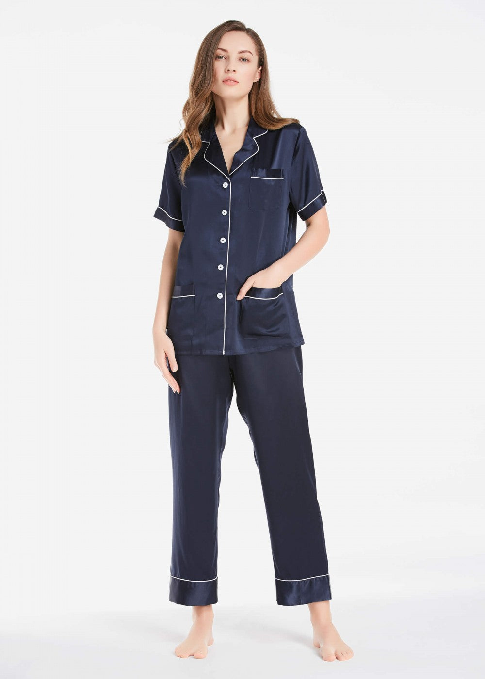 Zephyr chic trimmed short sleeve silk pajamas set