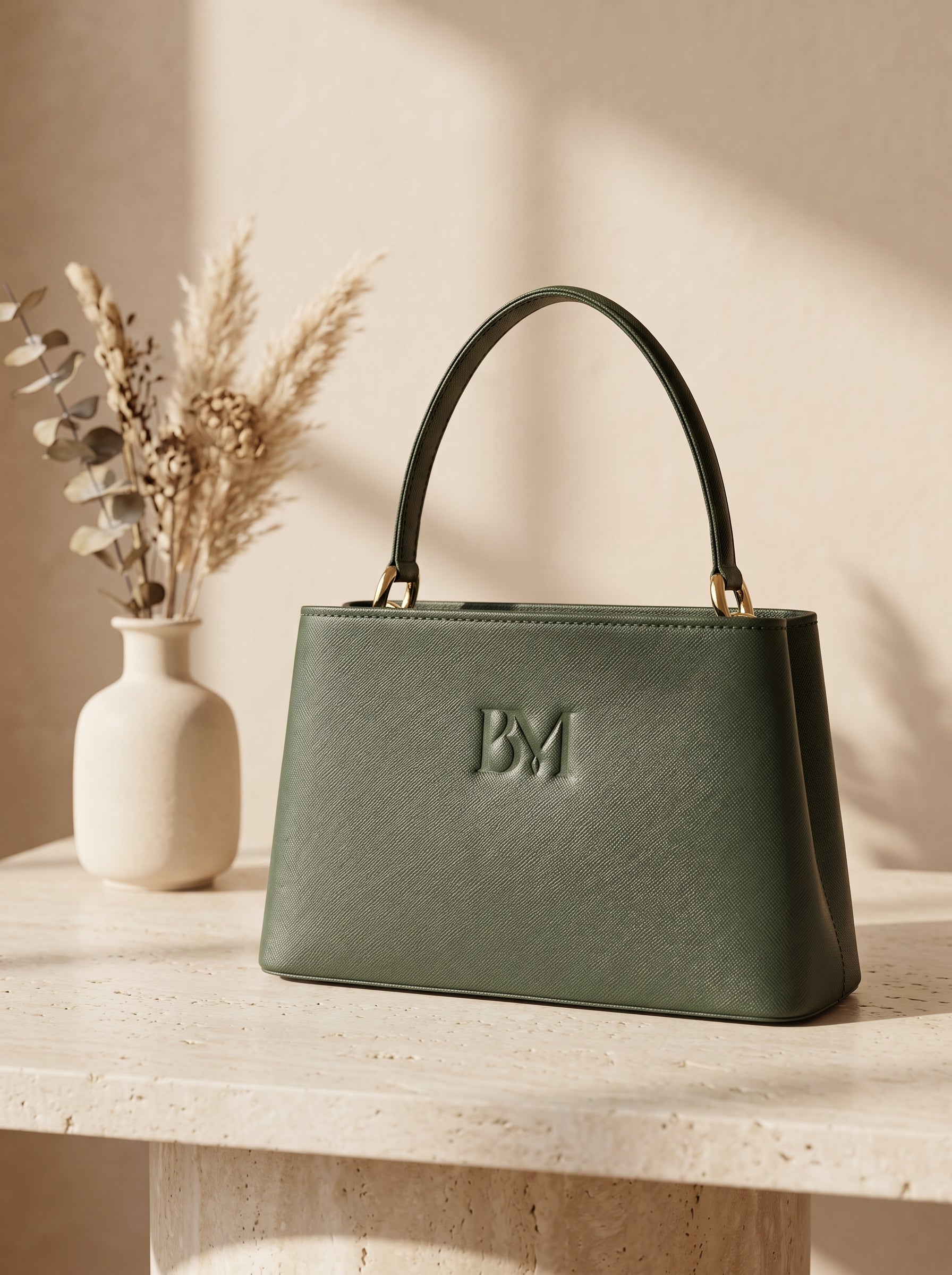 Olive green leather handbag for women, saffiano top handle tote bag with embossed BM logo