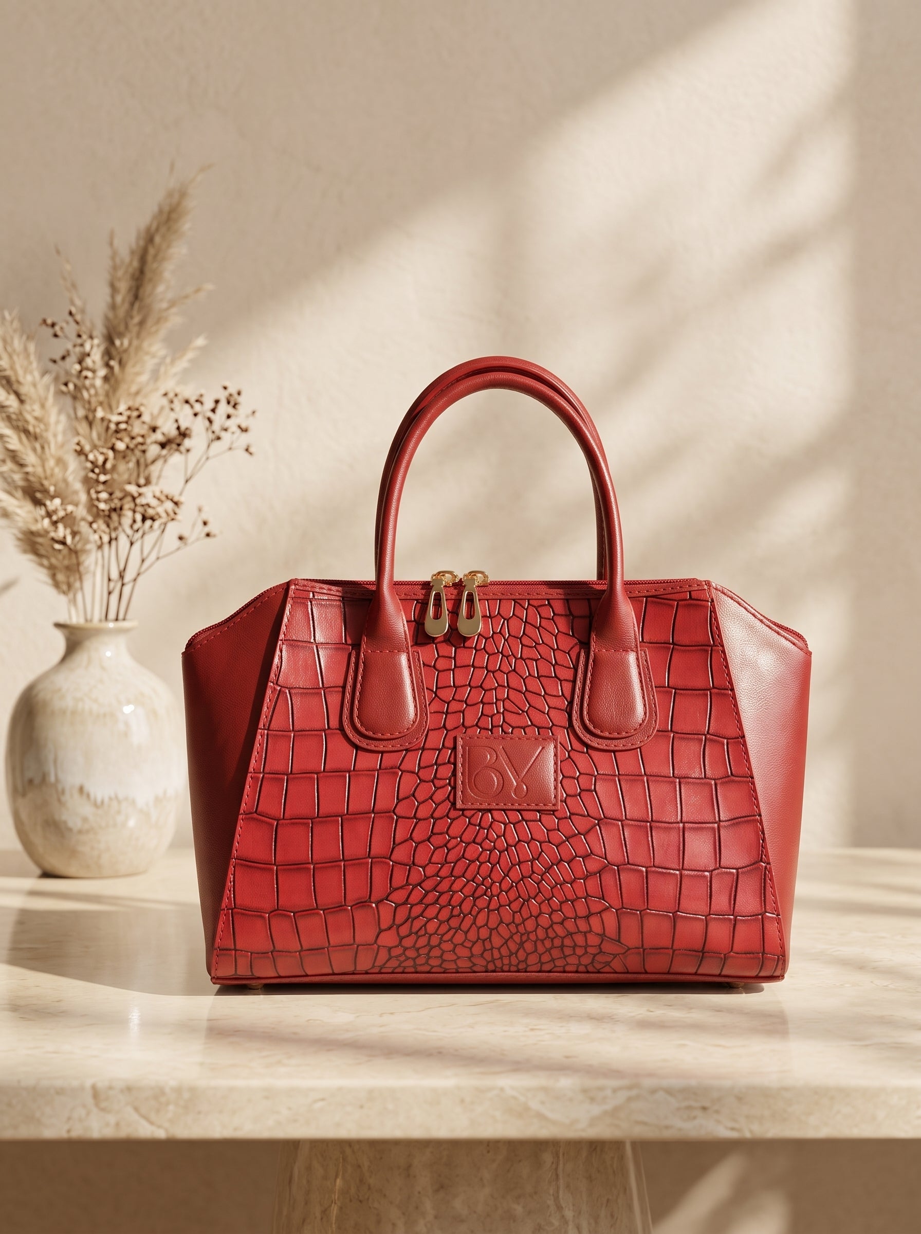 Red croc embossed leather handbag for women, structured tote bag with dual zip and BM logo patch