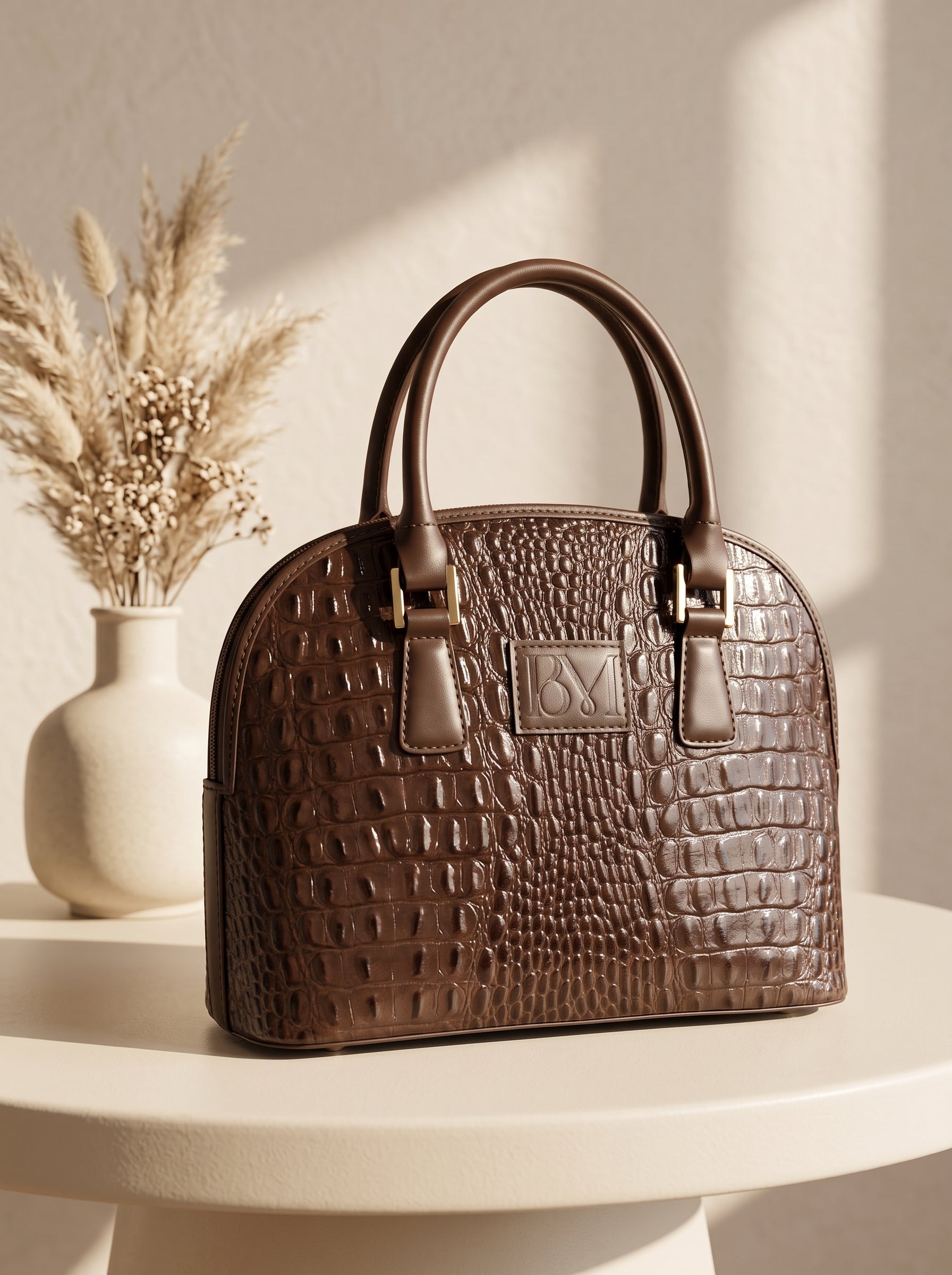 Brown croc embossed leather handbag for women, dome satchel bag with double rolled handles and BM logo patch