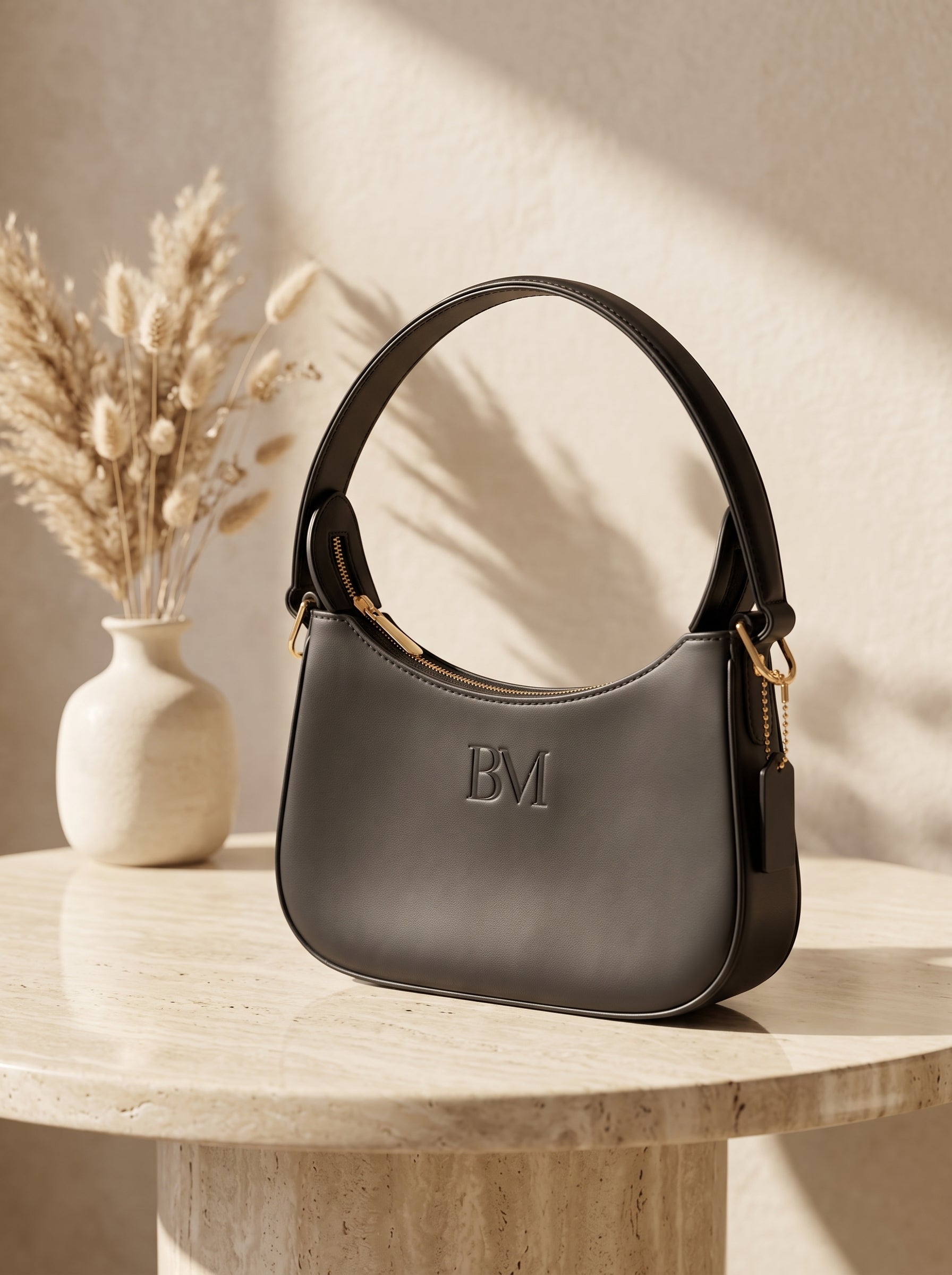 Charcoal grey leather shoulder bag for women, hobo handbag with zip closure and embossed BM logo
