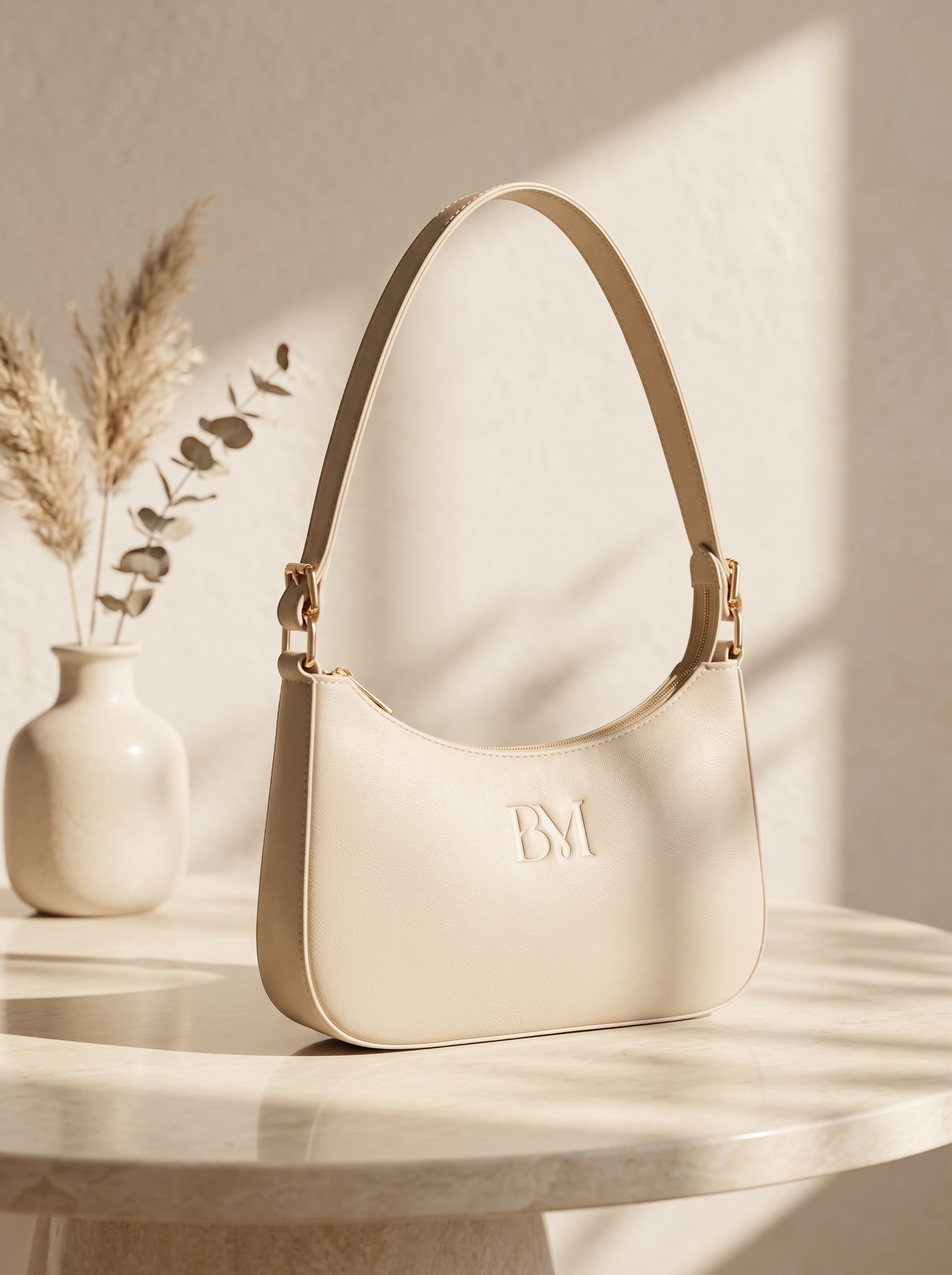 Cream beige leather shoulder bag for women, hobo handbag with embossed BM logo