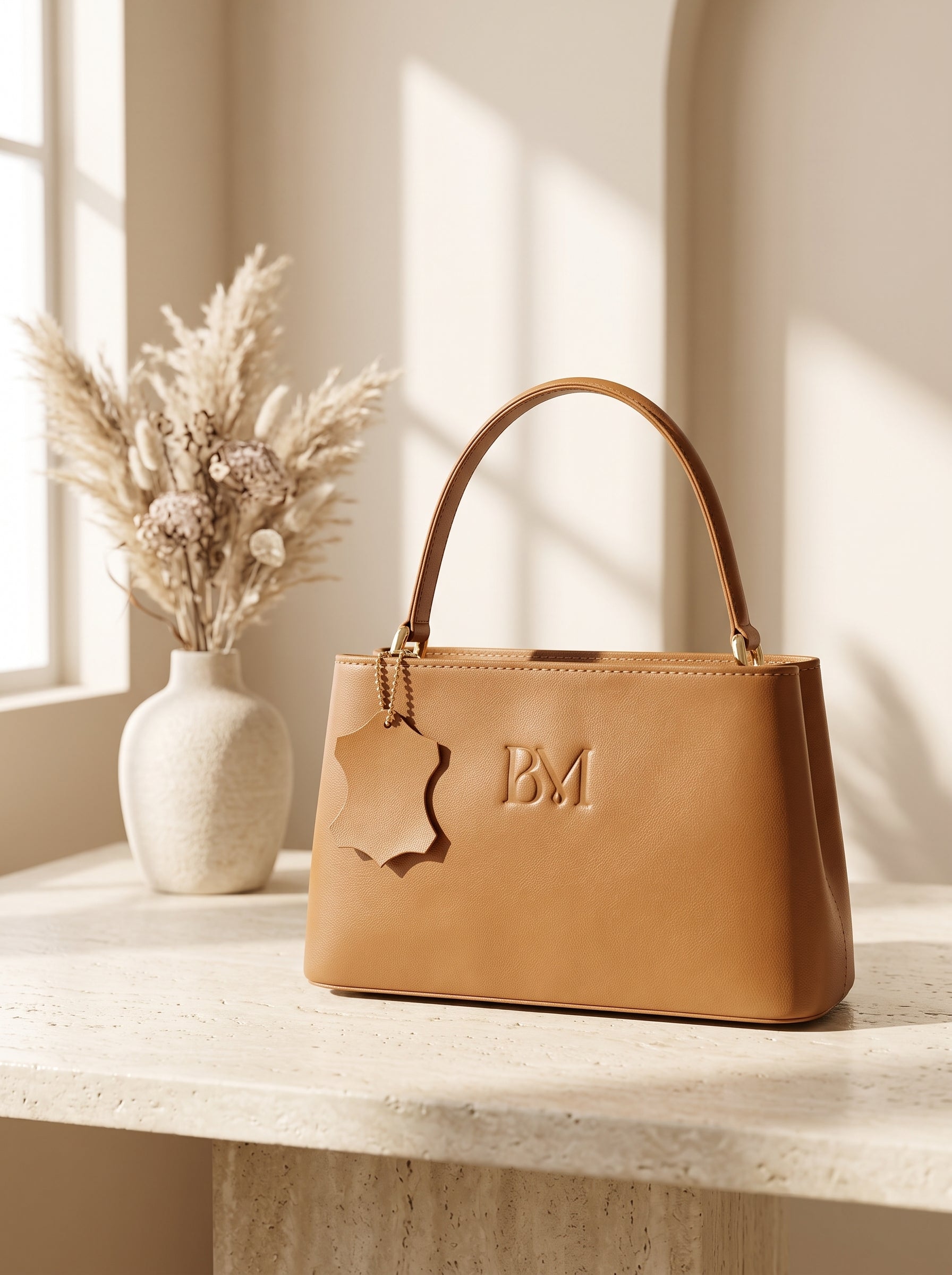 Caramel tan leather handbag for women, smooth top handle bag with leather tag charm and embossed BM logo