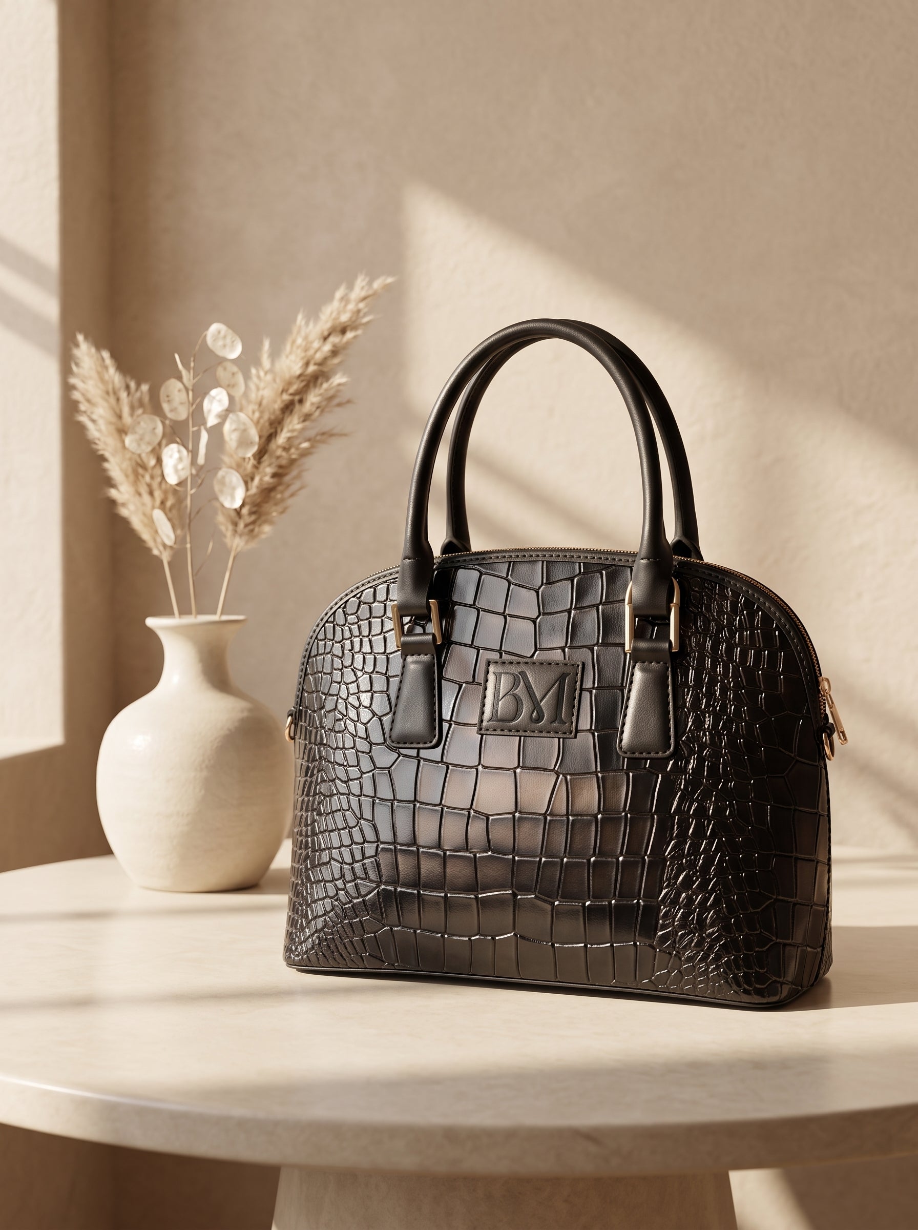 Black croc embossed leather handbag for women, dome satchel bag with double rolled handles and BM logo patch