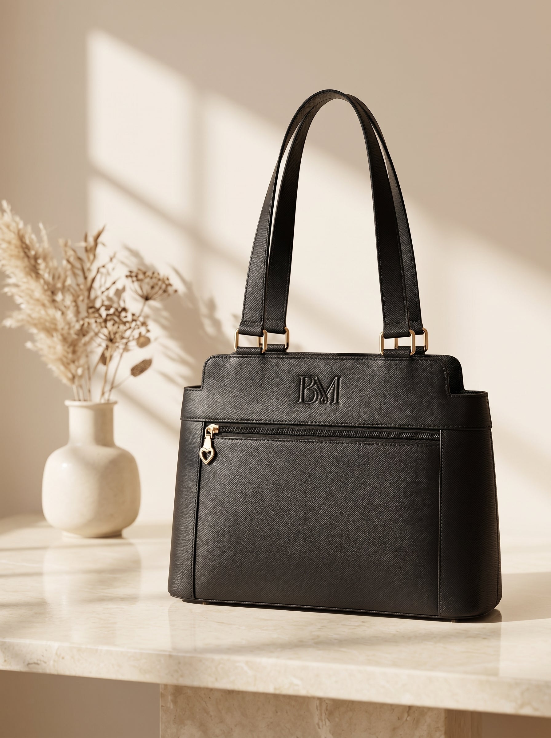 Black leather shoulder bag for women, ladies tote handbag with front zip pocket and embossed BM logo