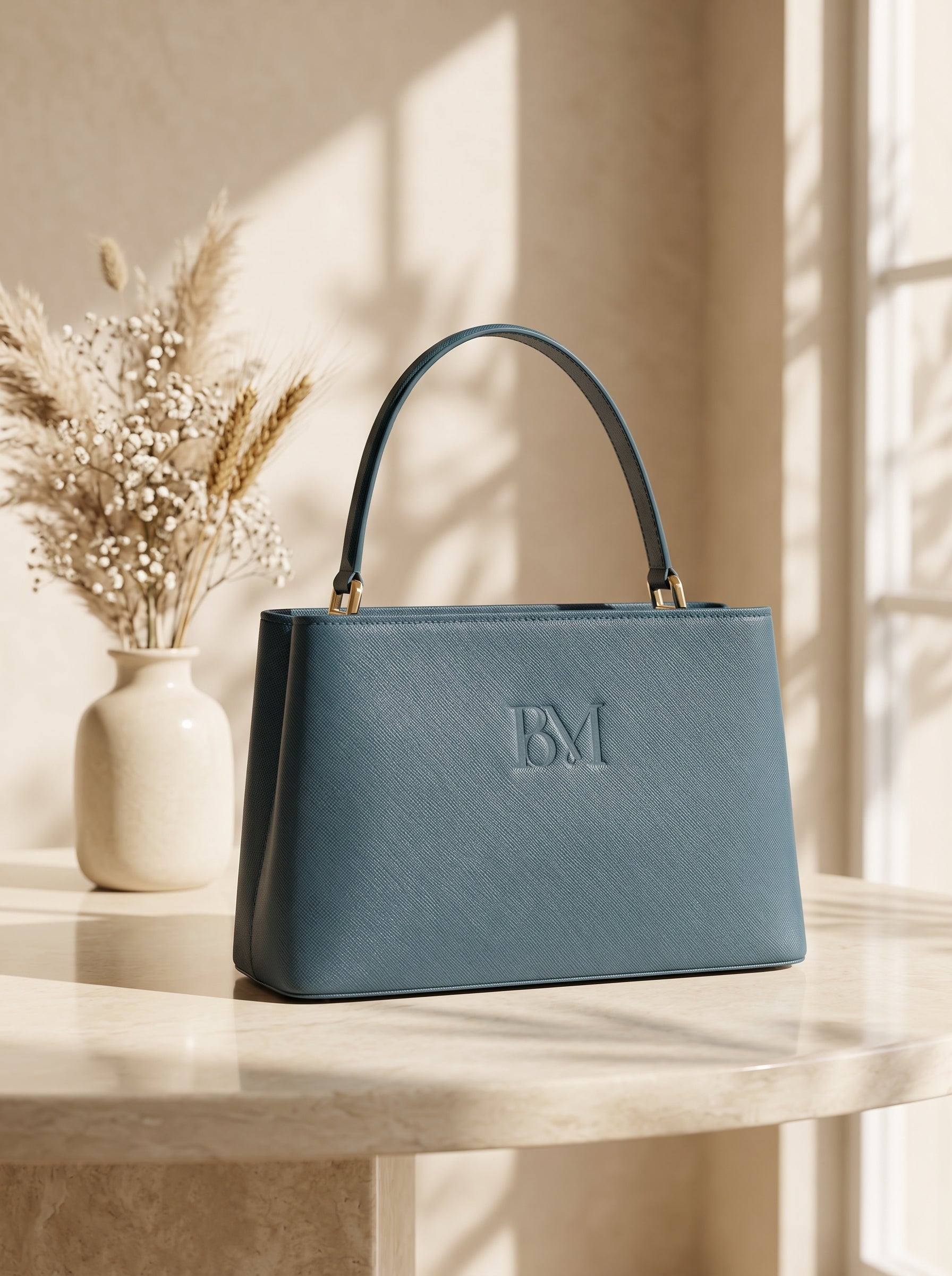 Slate Blue Leather Handbag for Women – Saffiano Top Handle Tote Bag