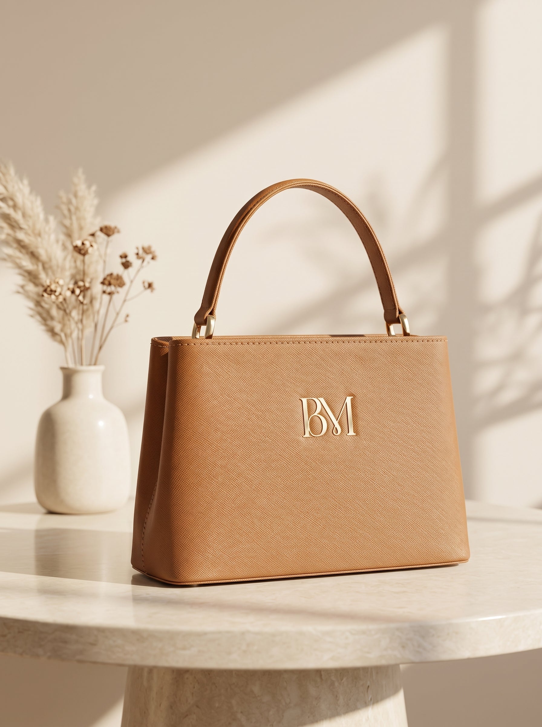 Camel brown leather handbag for women, saffiano top handle tote with gold-tone BM logo