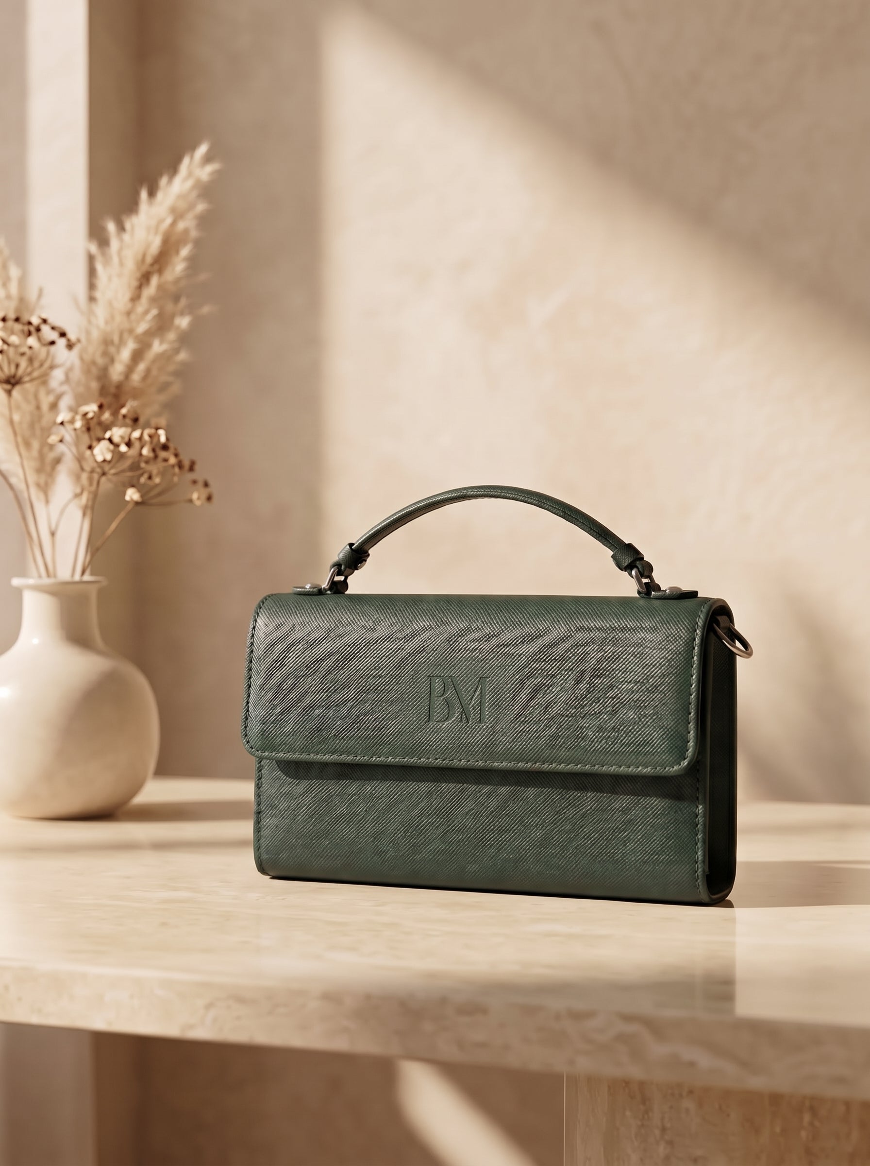 Forest green leather crossbody bag for women, flap top handle clutch handbag with embossed BM logo