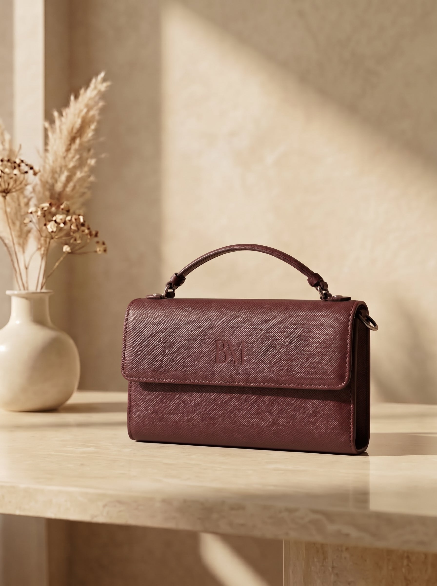 Burgundy leather crossbody bag for women, flap top handle clutch handbag with embossed BM logo