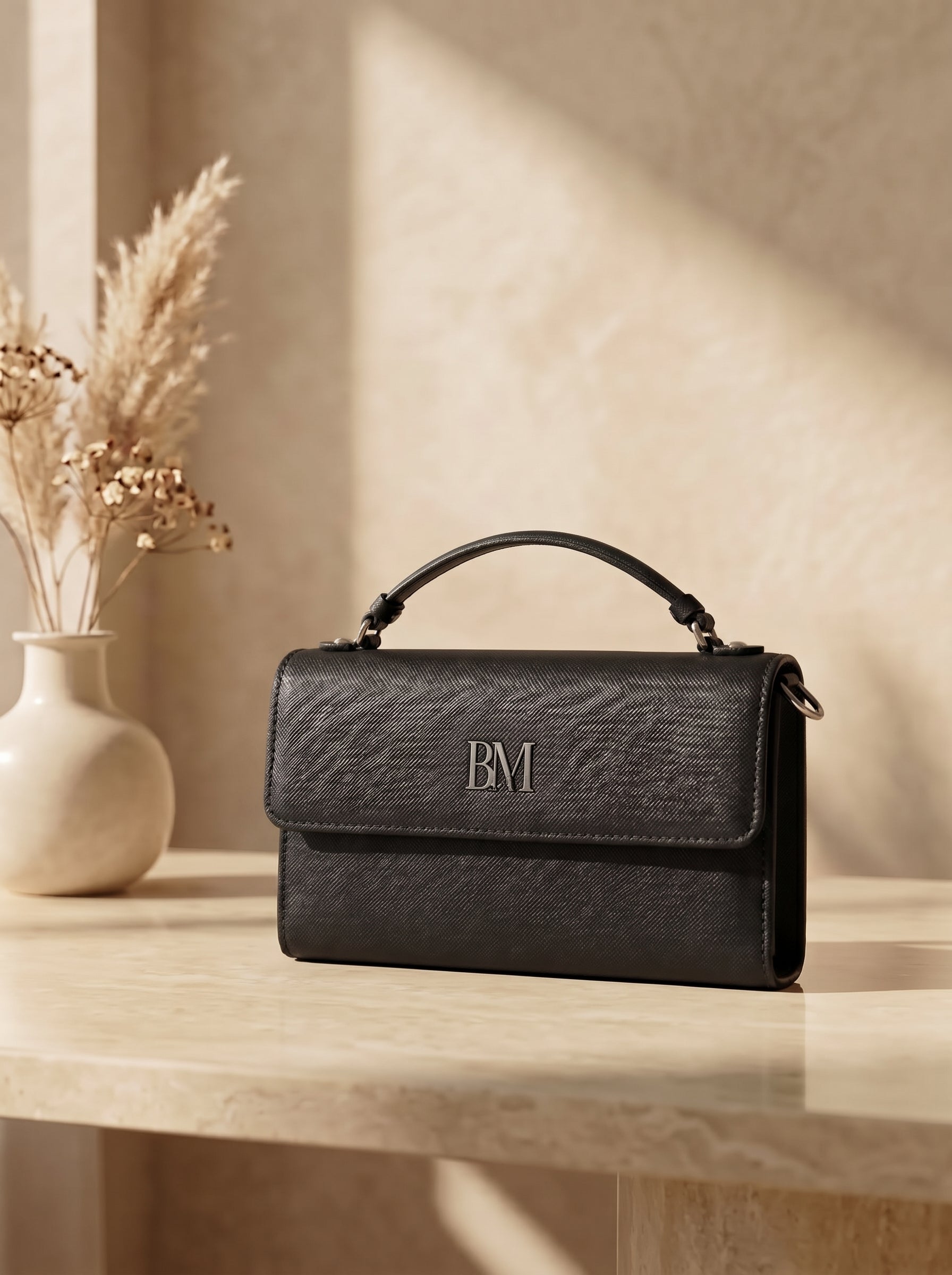 Black leather crossbody bag for women, flap top handle clutch handbag with metal BM logo plate