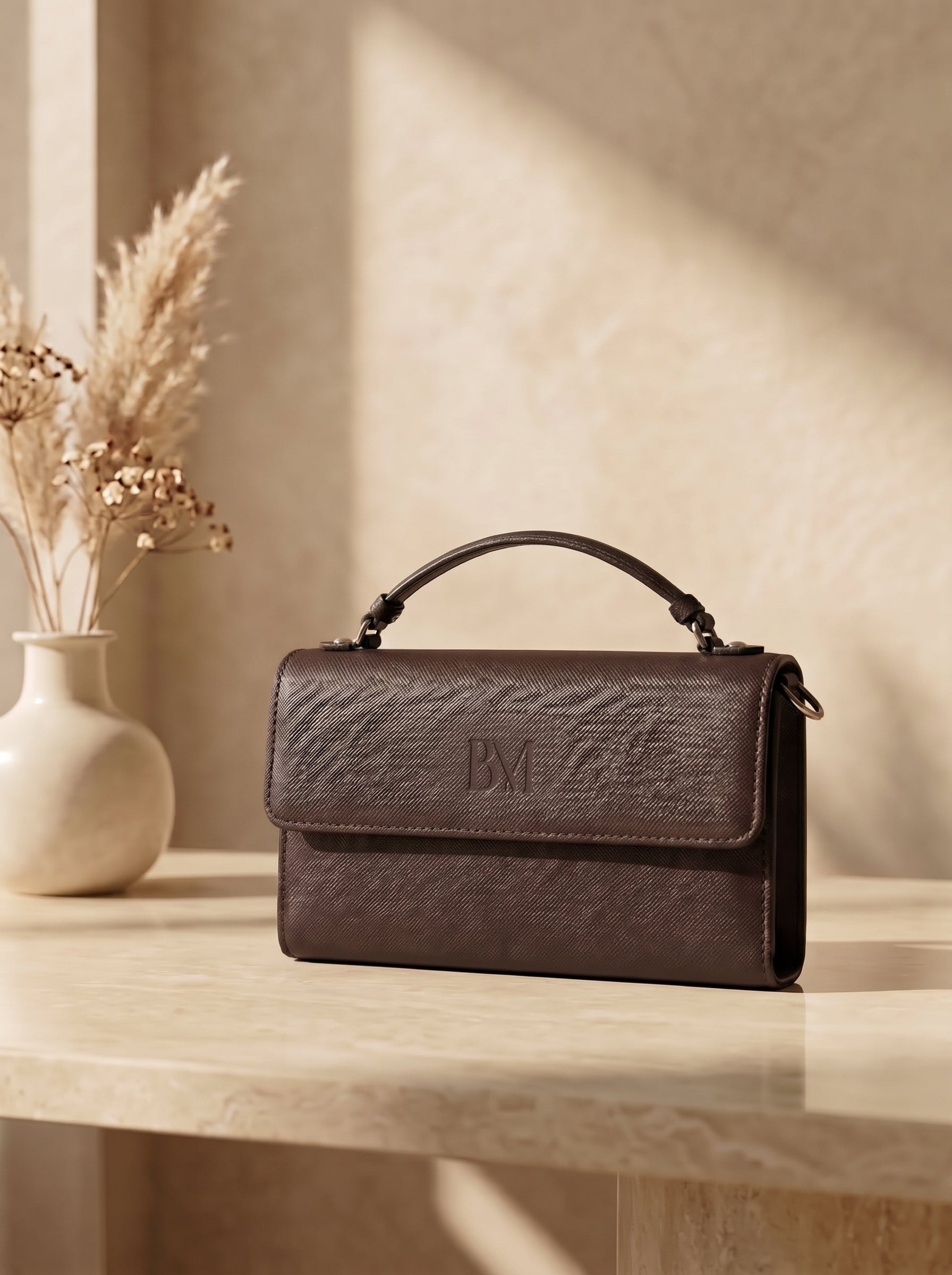 Espresso brown leather crossbody bag for women, flap top handle clutch handbag with embossed BM logo