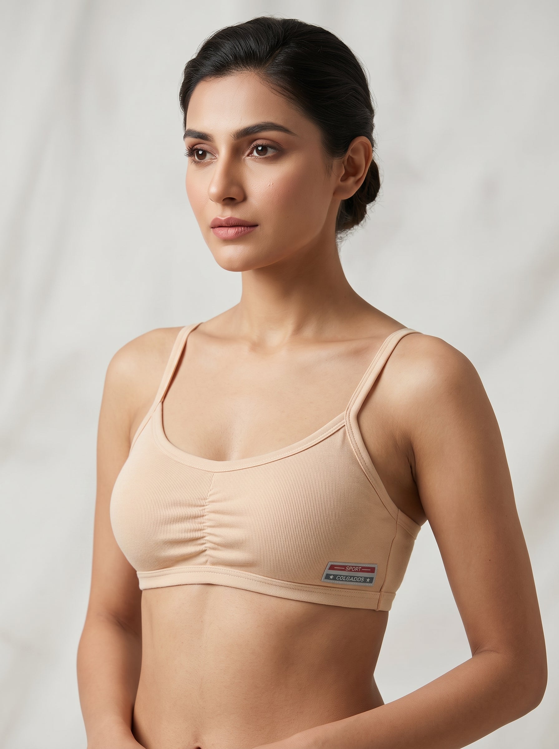 Beige ruched scoop neck bra