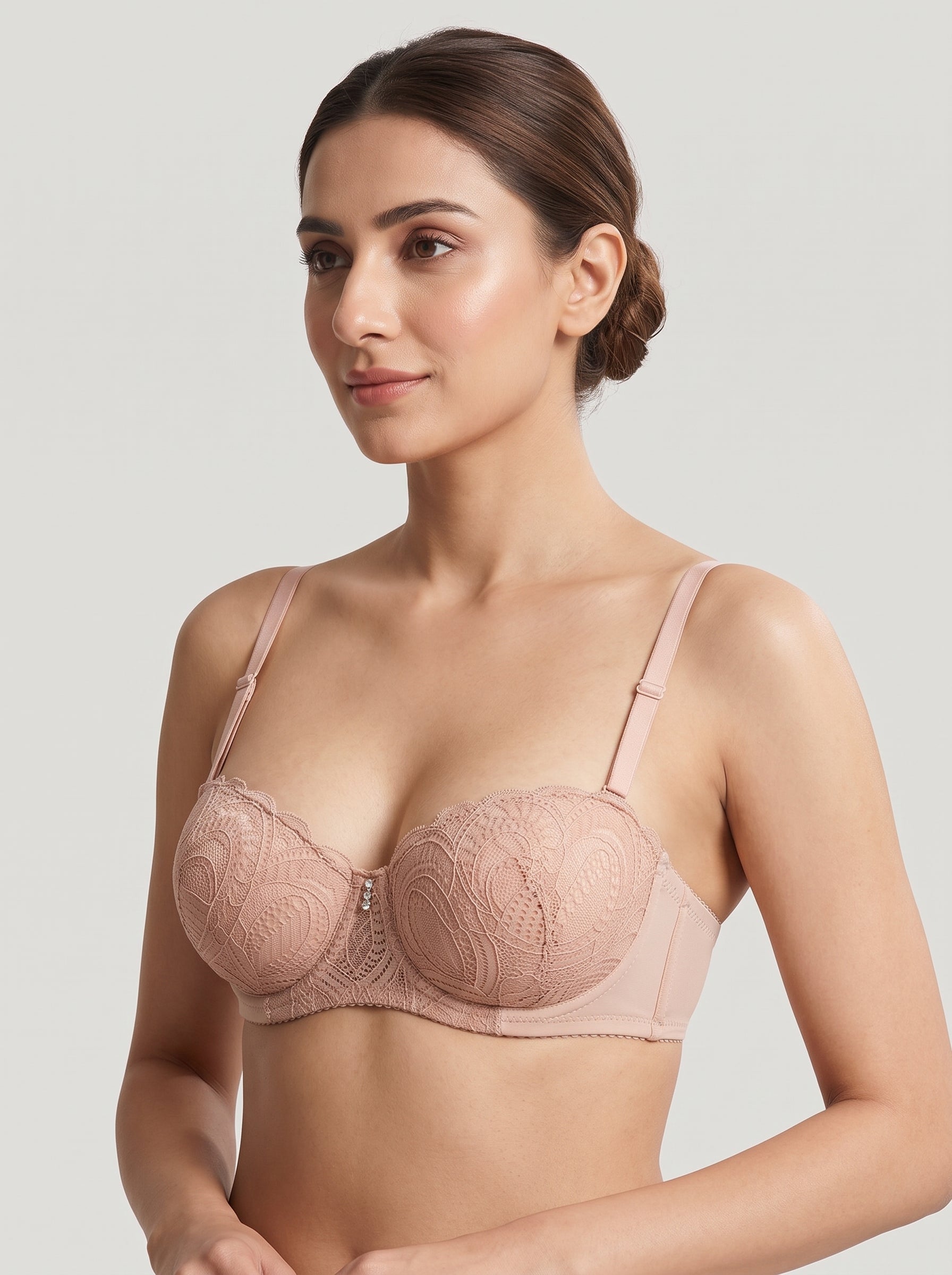Nude Pink lace balconette bra - front
