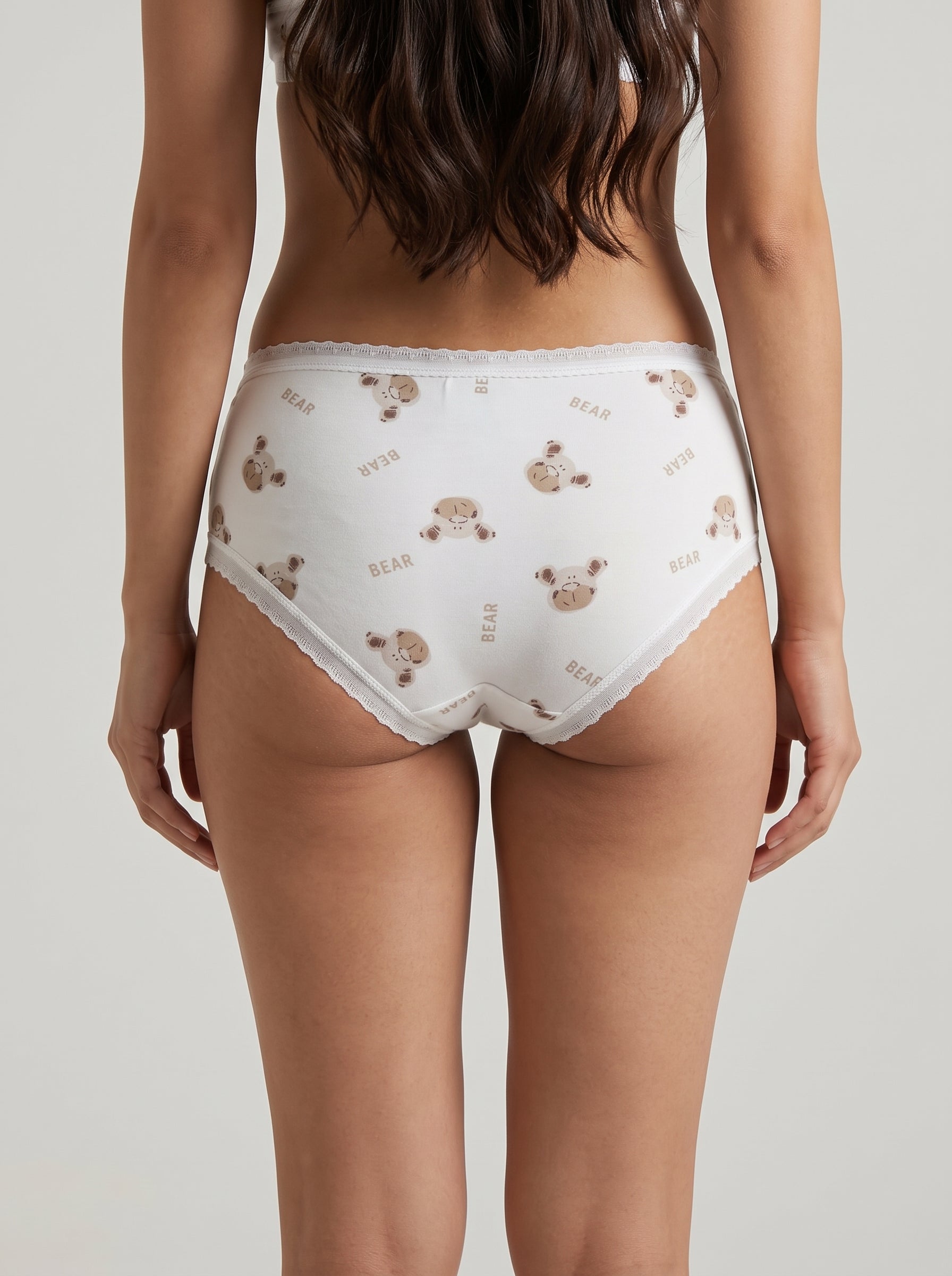 Cute Teddy Bear Print Cotton Panty - Cream Brief Style Underwear for Women