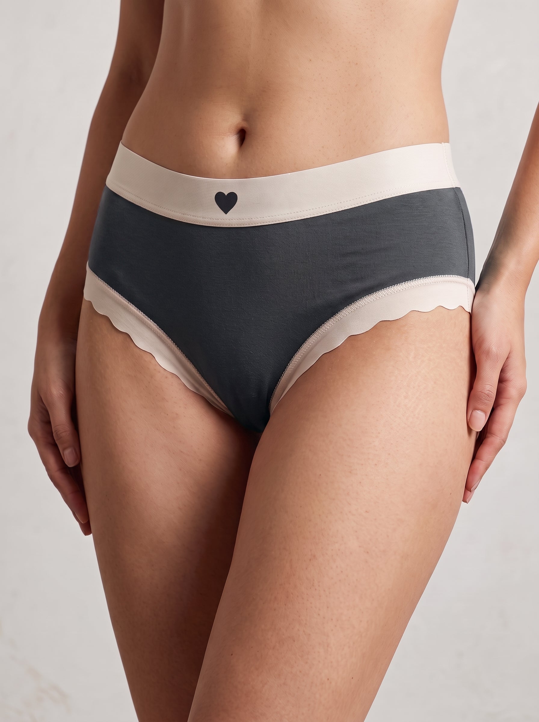 Heart print scalloped trim cotton panty - Charcoal Grey, front view