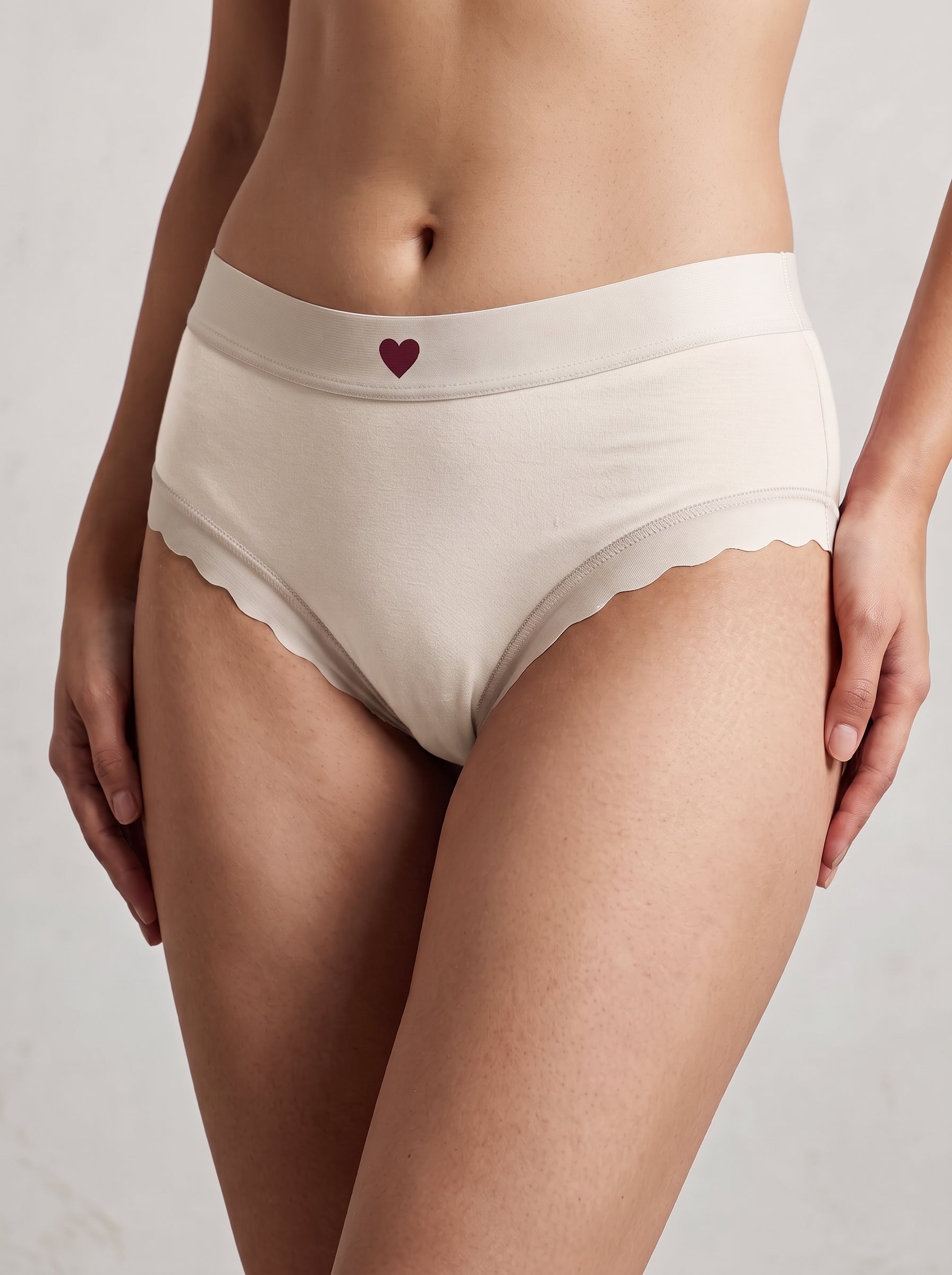 Heart print scalloped trim cotton panty - Cream, front view