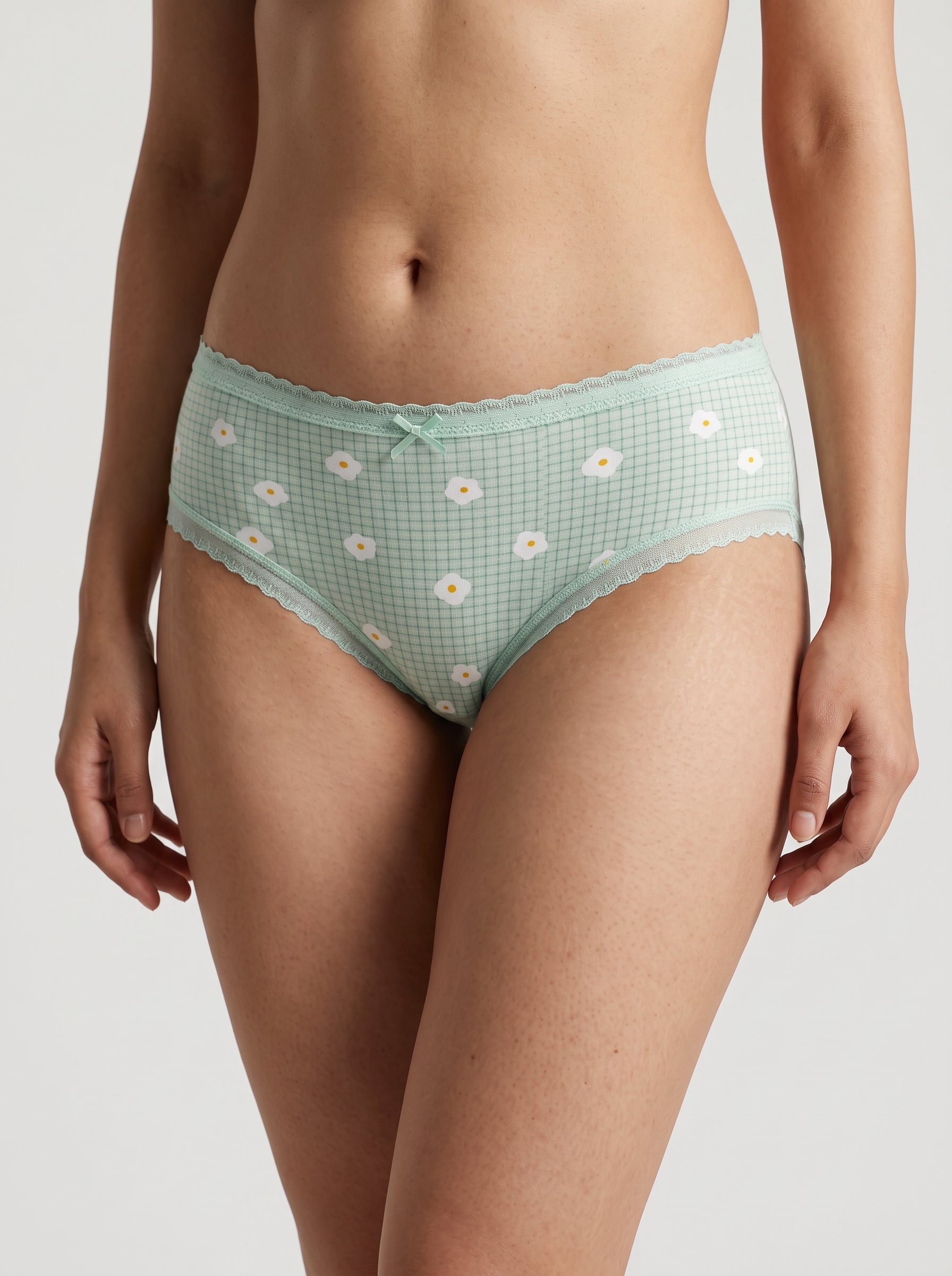 Mint gingham daisy print cotton panty - front view
