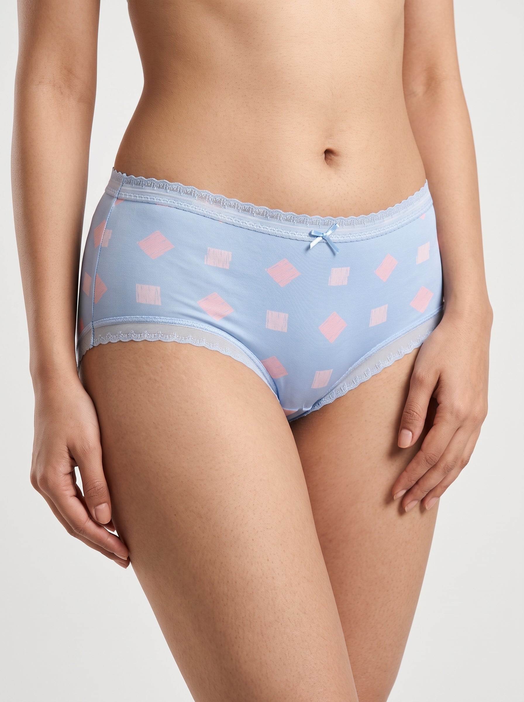 Sky blue pink square print cotton panty - front view